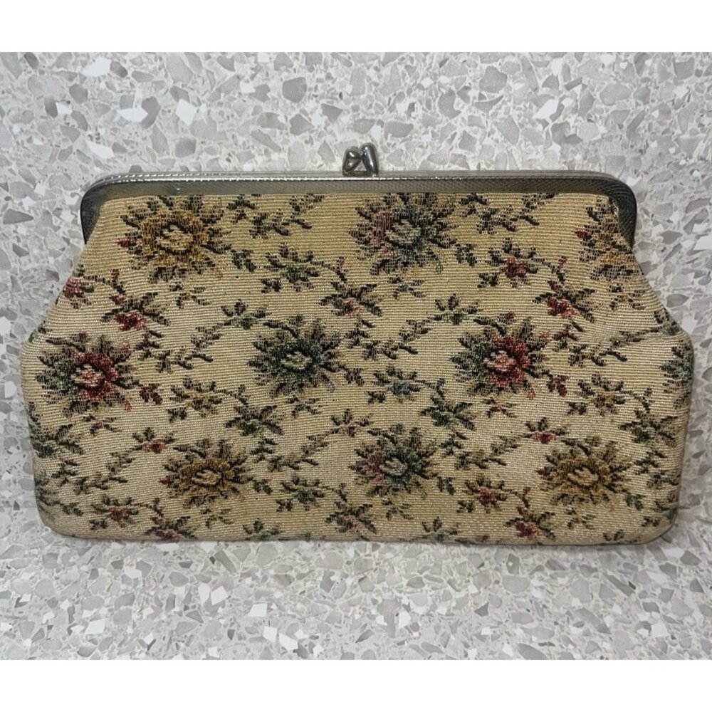 Tapestry Floral Clutch Kiss Closure Bag Purse Vintage Gold Tone Hardware 12 x 8"